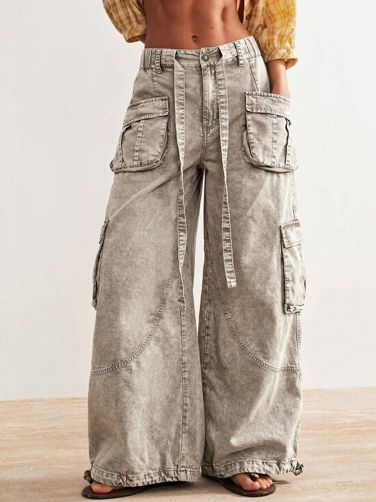 Pants - Apricot Casual Women's Woven Loose Cuffed Low Waist Loose Long Pants